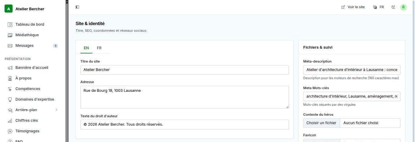 The Site identity screen: language tabs, site title, address, and on the right the search description, favicon, email and phone.